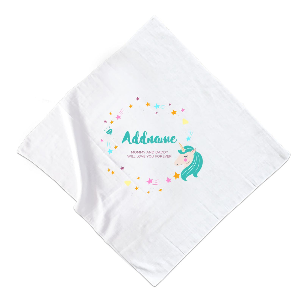 Cute Green Unicorn with Star and Diamond Elements Personalizable with Name and Date Muslin Square
