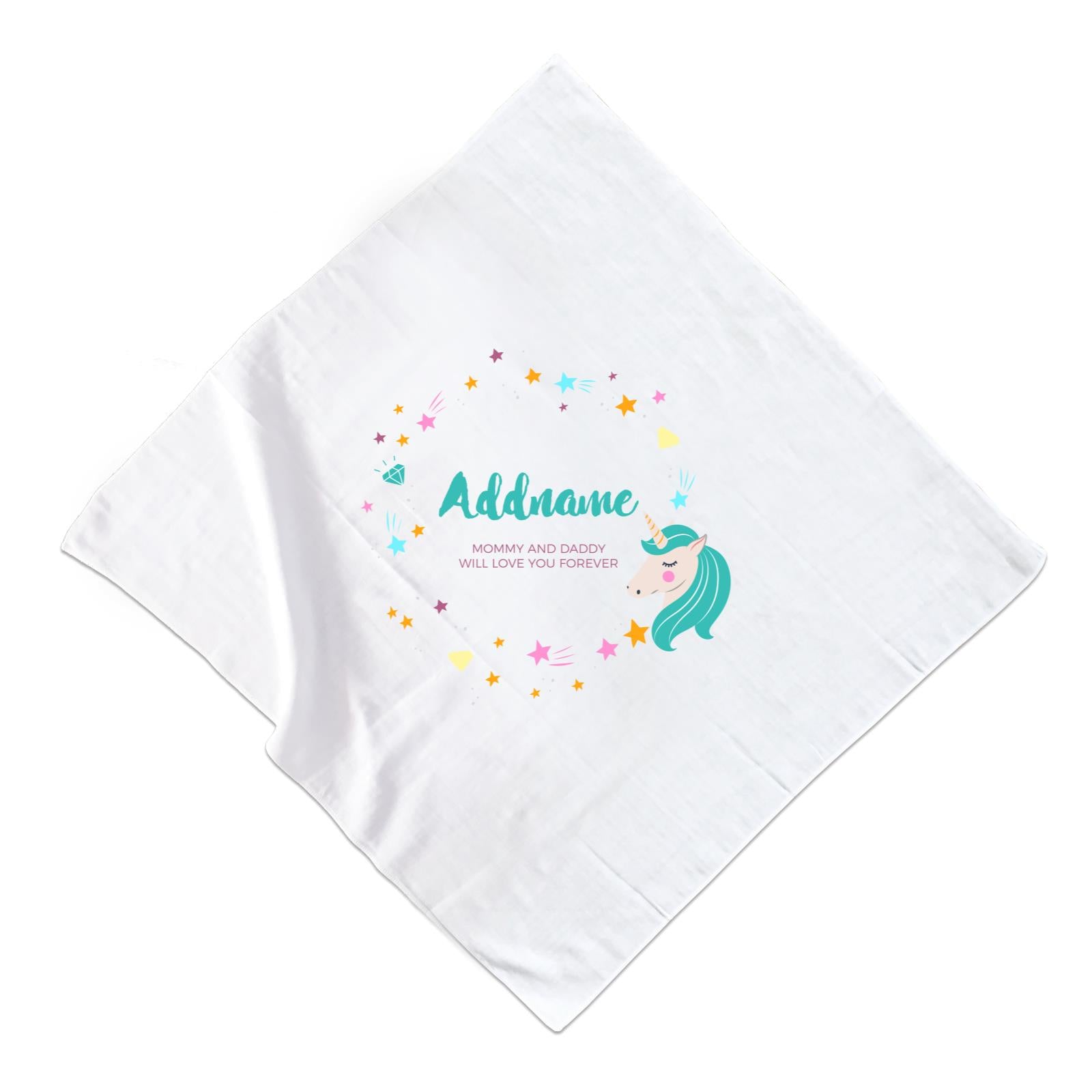 Cute Green Unicorn with Star and Diamond Elements Personalizable with Name and Date Muslin Square