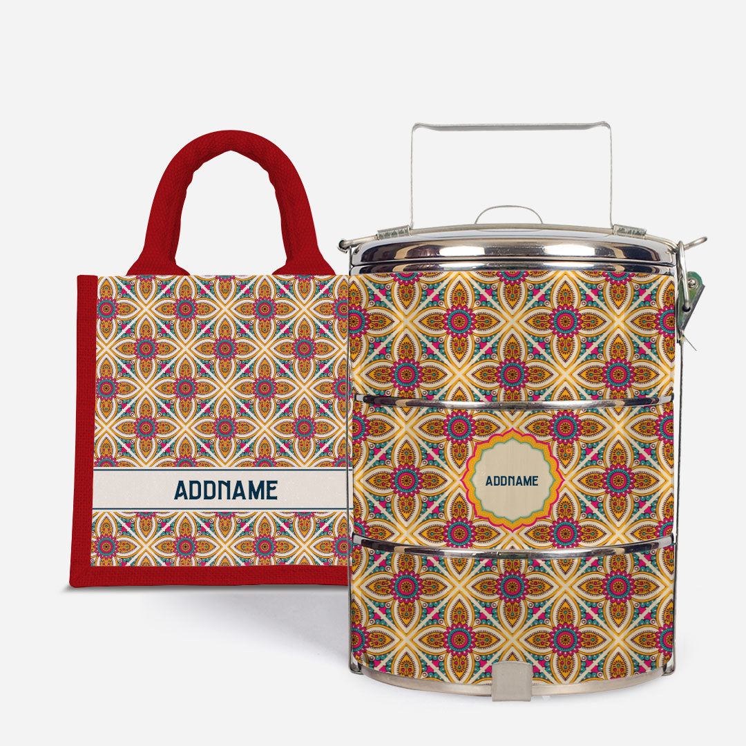 Pookal Series Standard Tiffin with Half Lining Lunch Bag - Vibrant Tiles Red