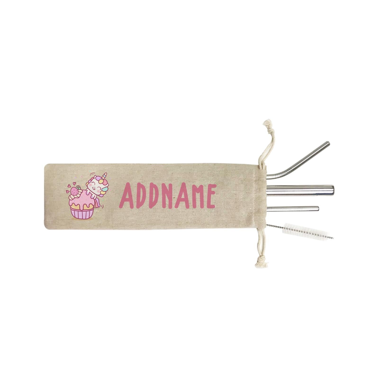 Unicorn And Princess Series Unicorn And Cupcake Addname SB 4-In-1 Stainless Steel Straw Set in Satchel