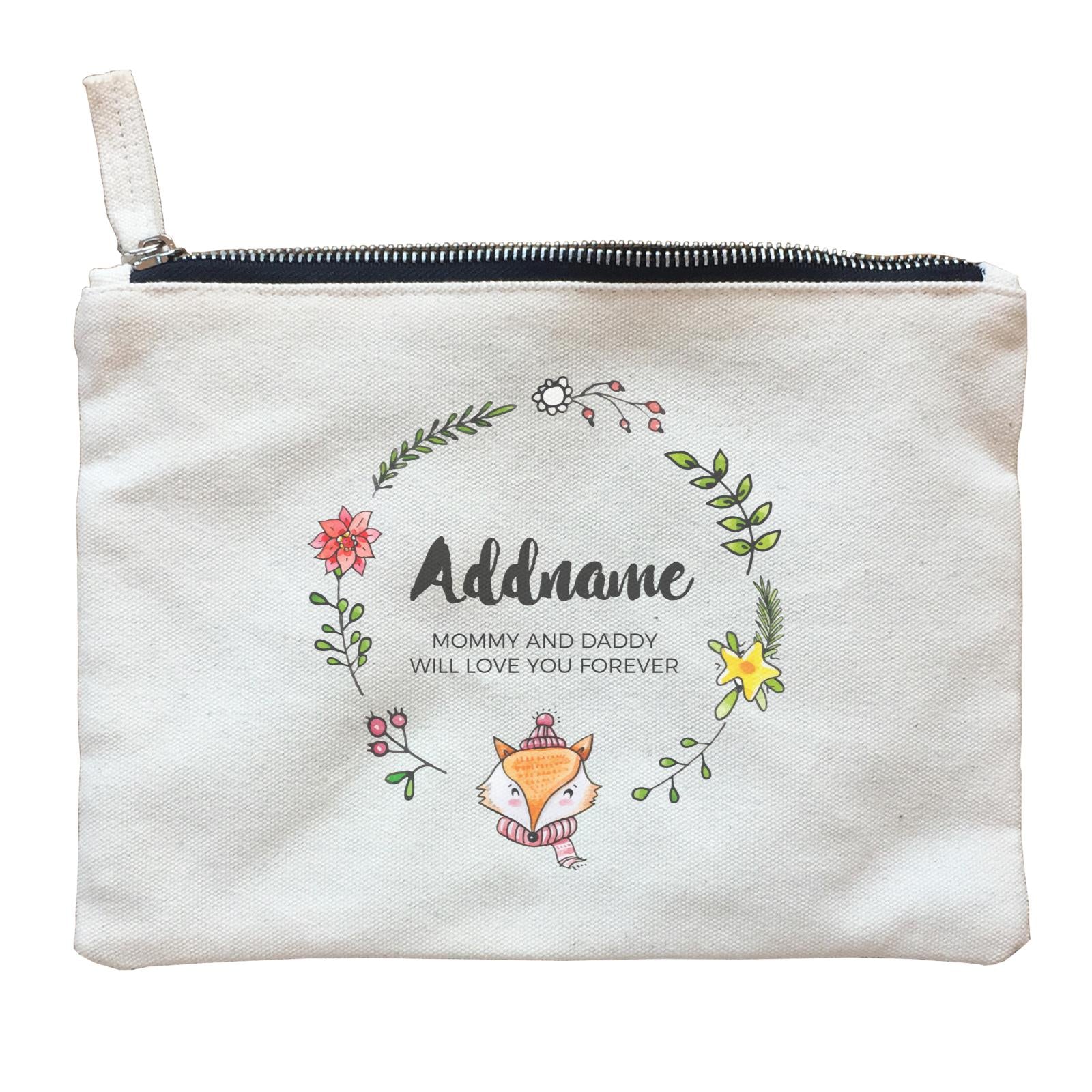 Doodle Green Wreath with Cute Fox Personalizable with Name and Text Zipper Pouch