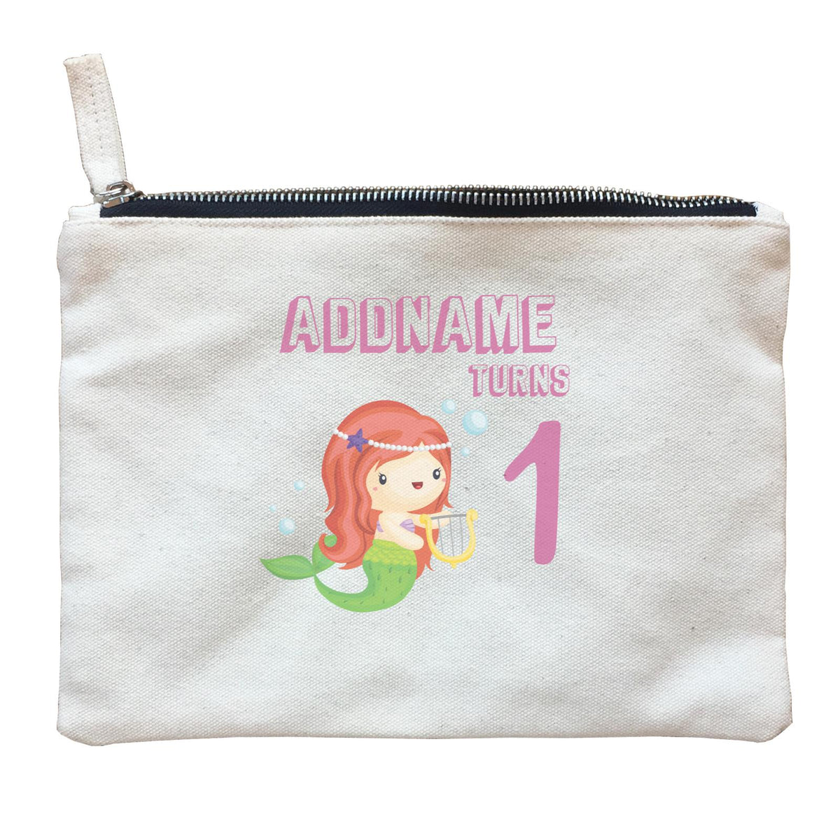 Birthday Mermaid Red Long Hair Mermaid Playing Harp Addname Turns 1 Zipper Pouch