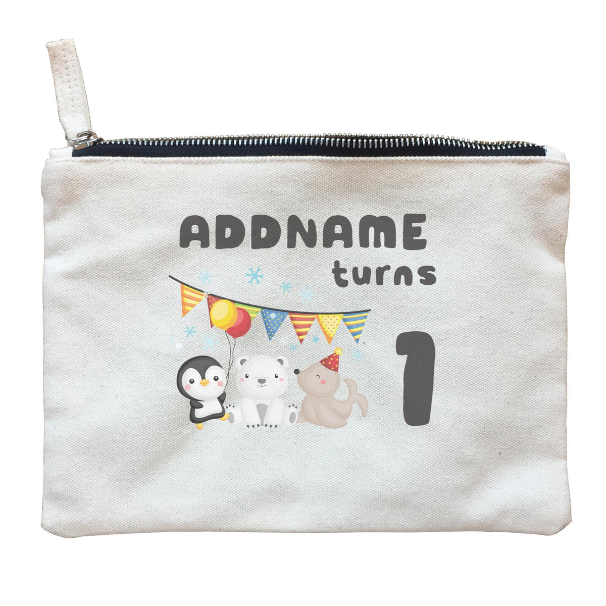 Birthday Winter Animals Penguin Polar Bear And Seal Party Addname Turns 1 Zipper Pouch