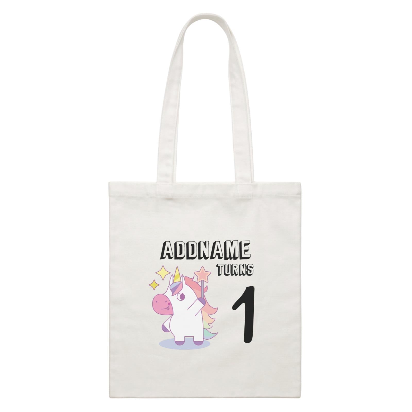 Birthday Unicorn Girl With Magic Wand Addname Turns 1 White Canvas Bag