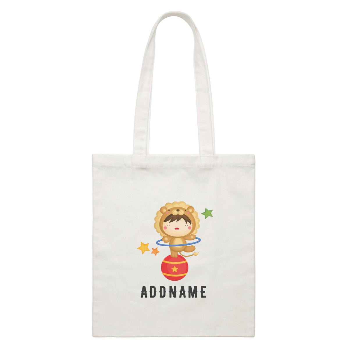 Birthday Circus Happy Boy Wearing Lion Suit Playing Hula Hoop Addname White Canvas Bag