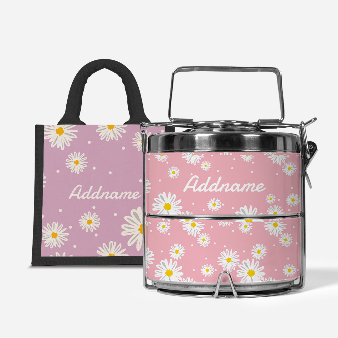 Daisy Series Half Lining Lunch Bag Wtih Premium Two Tier Tiffin Carrier - Blush