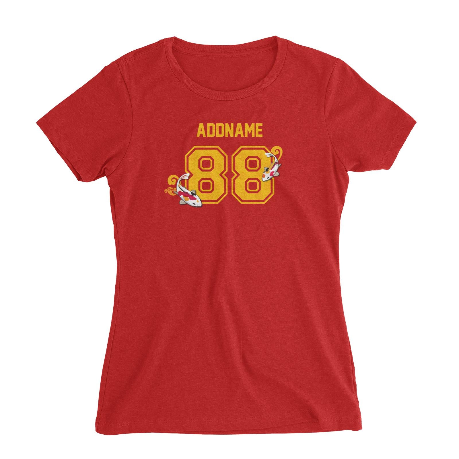 Chinese New Year Lucky 88 Fish Red Pattern Name and Number Women's Slim Fit T-Shirt  Personalizable Designs