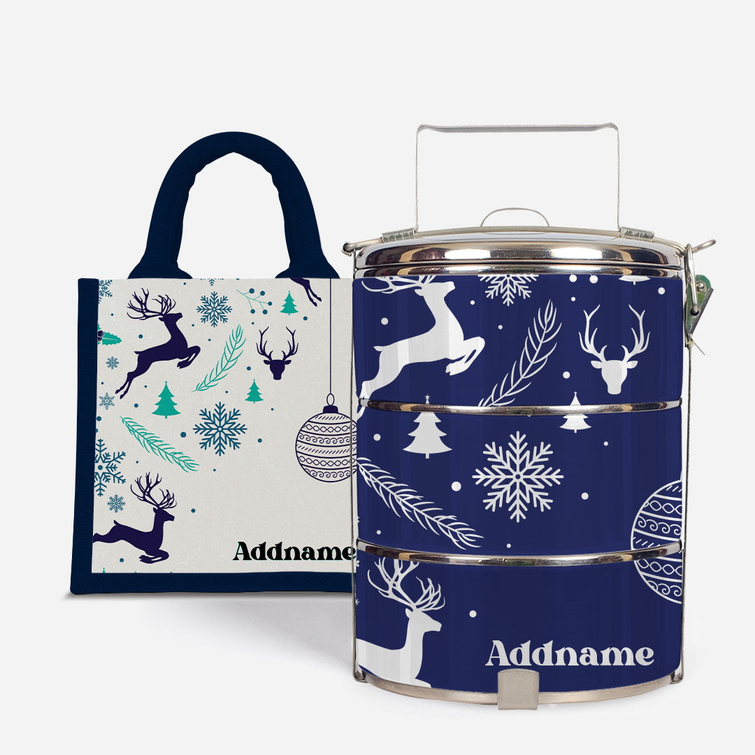 Christmas Series Standard Tiffin  with Half Lining Lunch Bag Jubilant Reindeers Navy