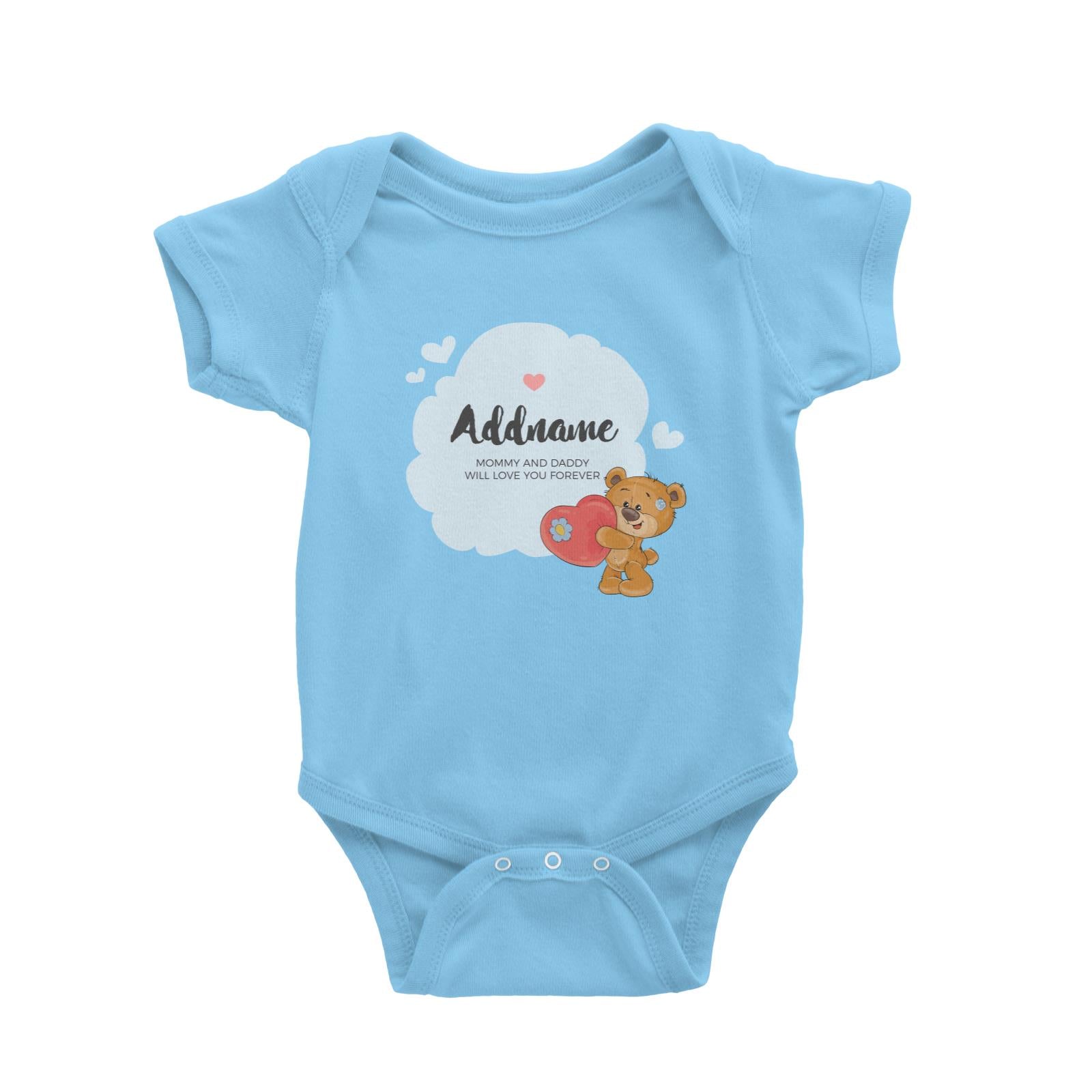 Cute Plush Bear with Big Heart and Blue Cloud Personalizable with Name and Text Baby Romper
