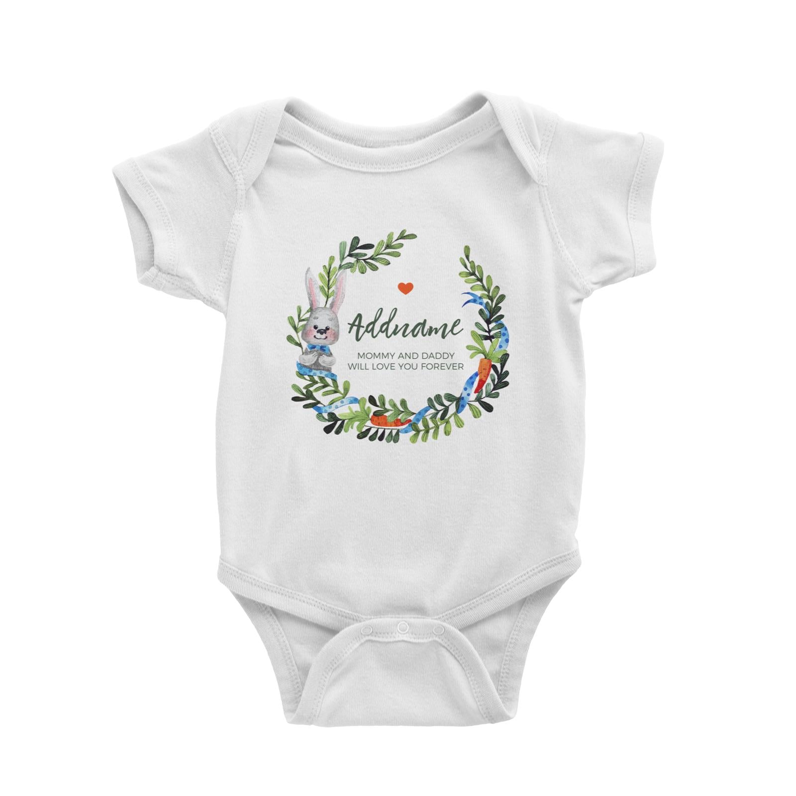 Watercolour Blue Rabbit and Carrots Wreath Personalizable with Name and Text Baby Romper