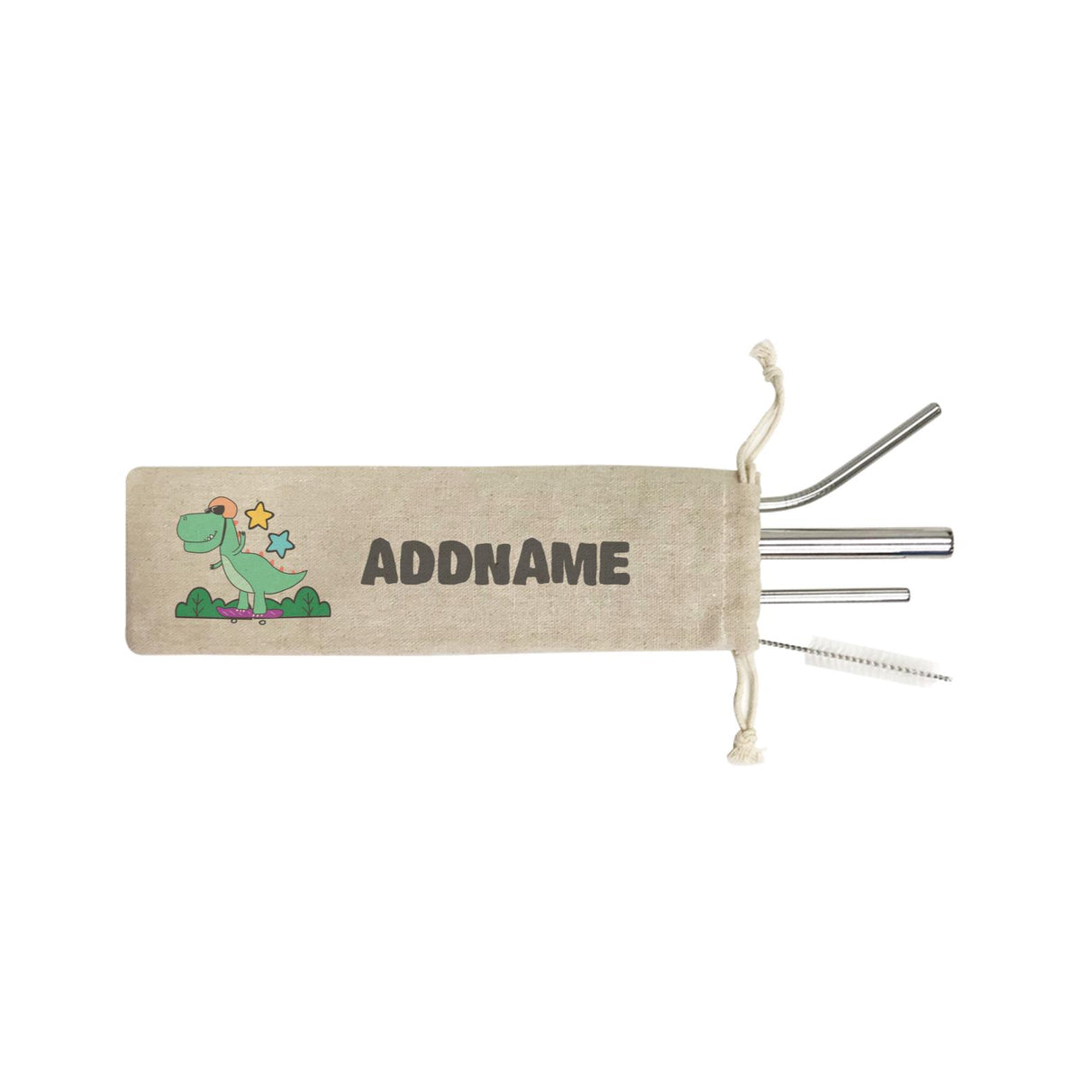 Super Cute Dinosaur Green Skater SB 4-in-1 Stainless Steel Straw Set In a Satchel