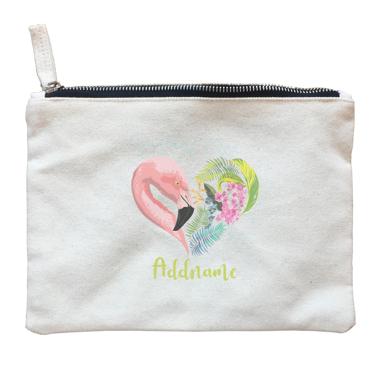 Summer Tropical Plants and Pink Flamingo In Heart Love Shape With Addname Zipper Pouch