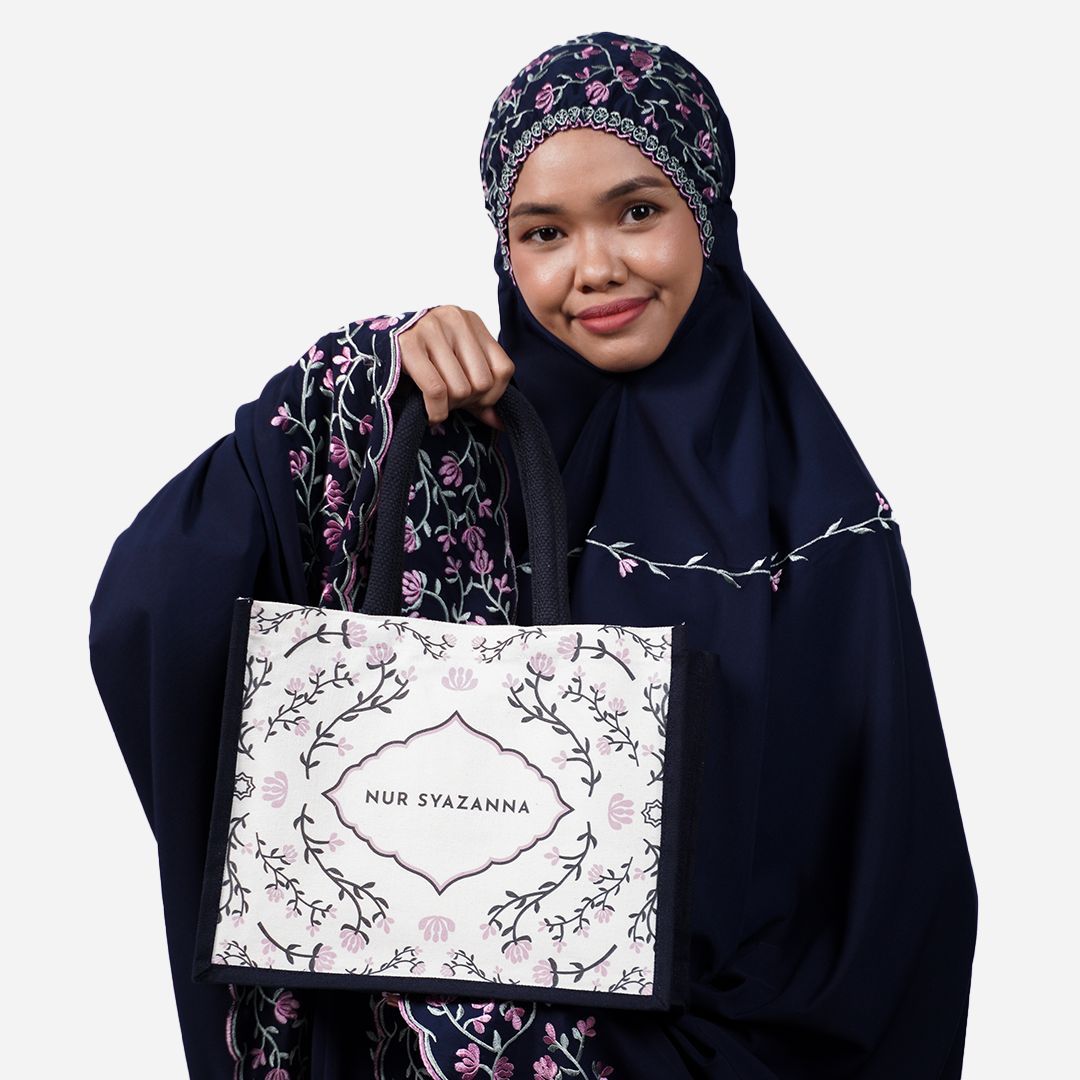 Dang Anum Series - Ancient Navy Blue Telekung with Half Lining Small Jute Bag