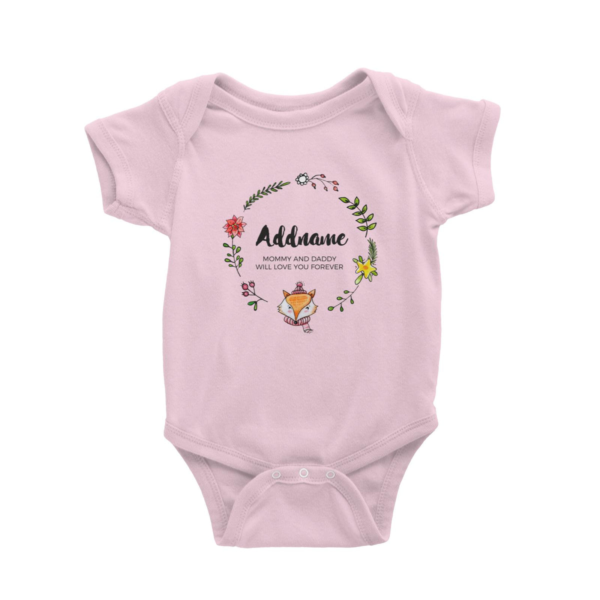 Doodle Green Wreath with Cute Fox Personalizable with Name and Text Baby Romper