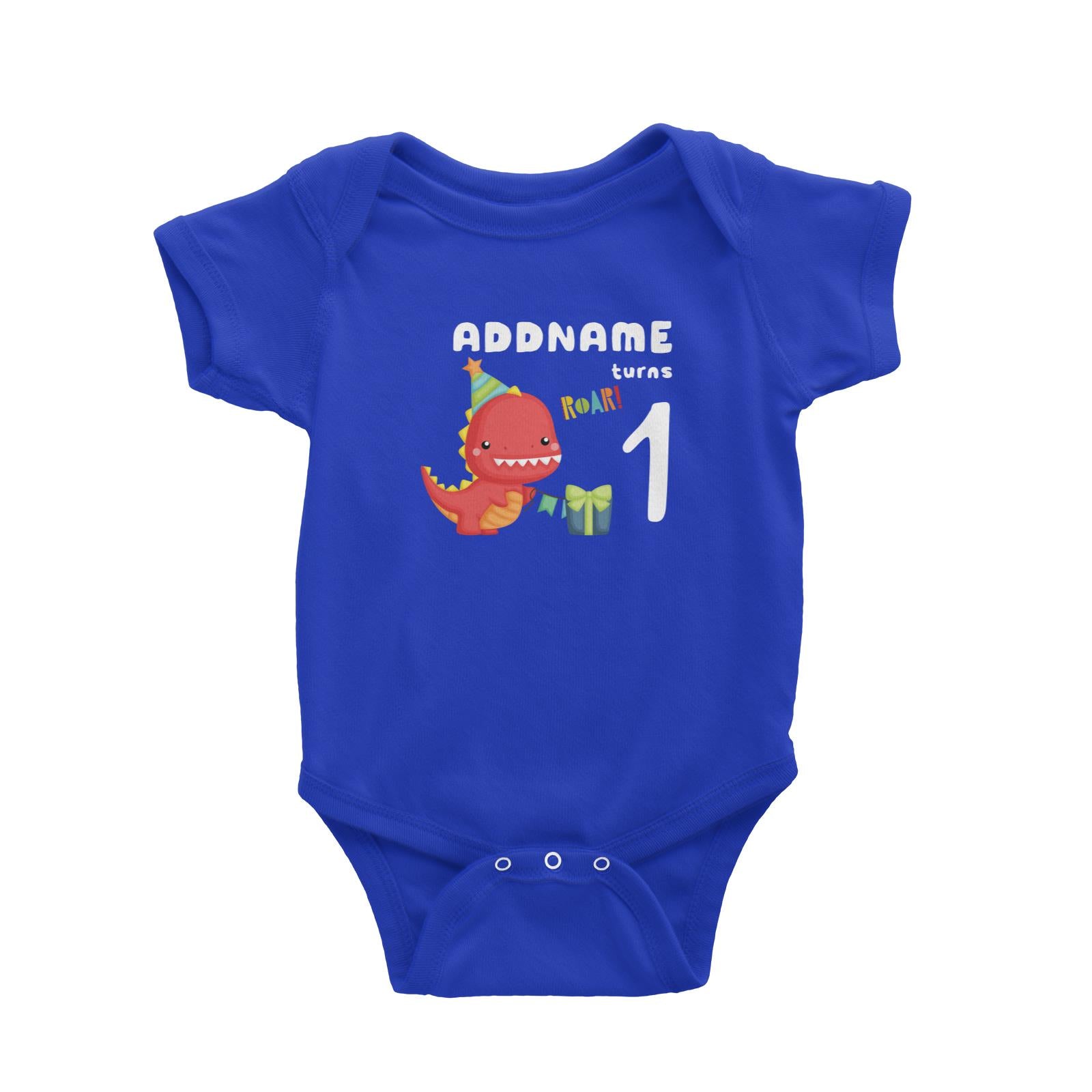 Birthday Dinosaur Happy Red Rex Wearing Party Hat Addname Turns 1 Baby Romper