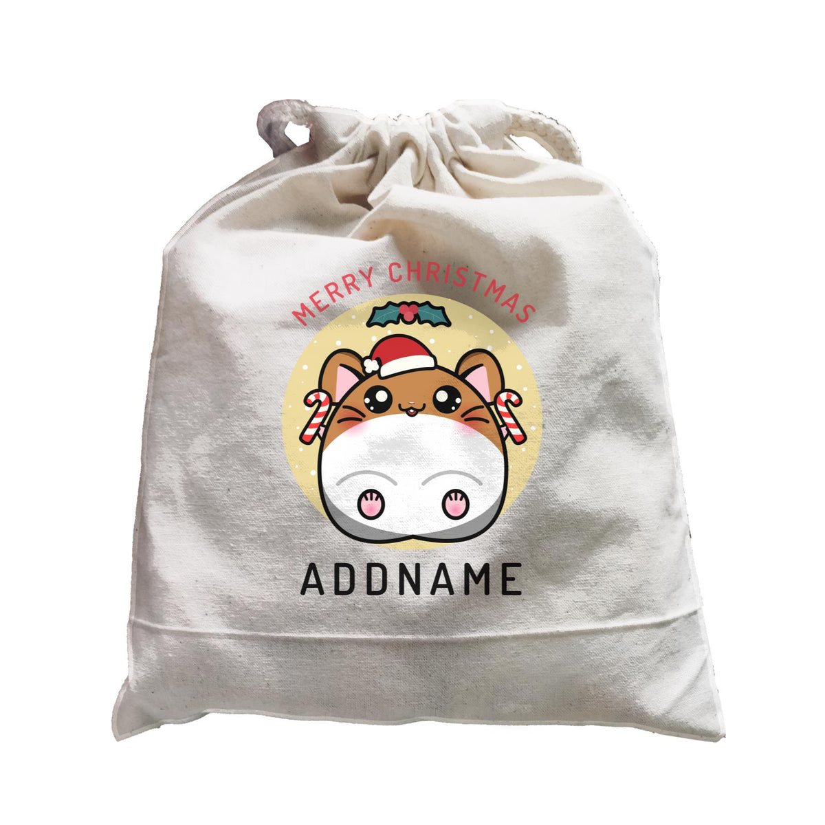 Merry Christmas Cute Santa Boy Hamster with Candy Cane Satchel