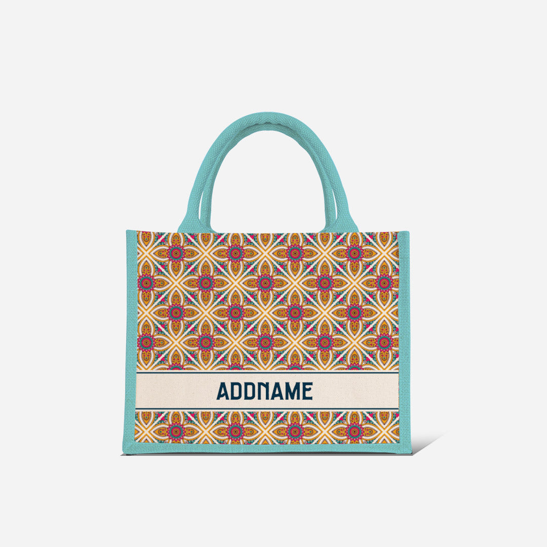 Pookal Series Half Lining Small Jute Bag - Vibrant Tiles Light Blue