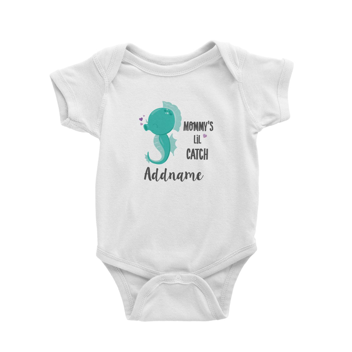 Cute Sea Animals Green Seahorse Mommy's Lil Catch Addname White Baby Romper