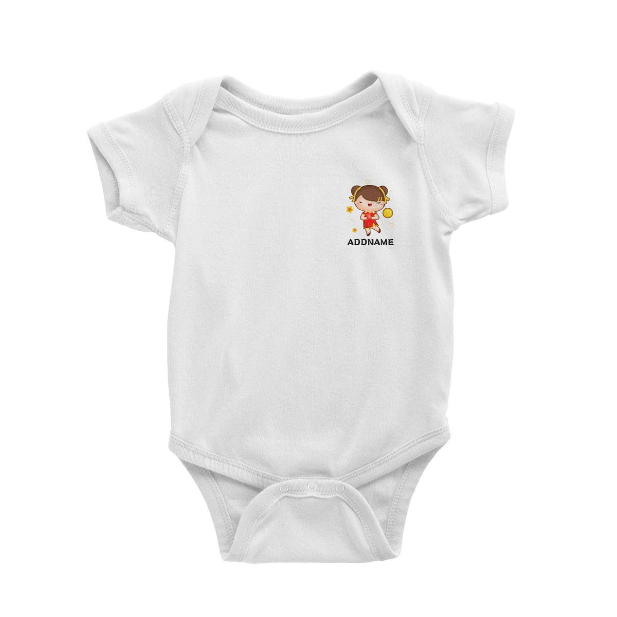 Cute Pig CNY Girl with Red Packet and Happiness Symbol Pocket Design Baby Romper