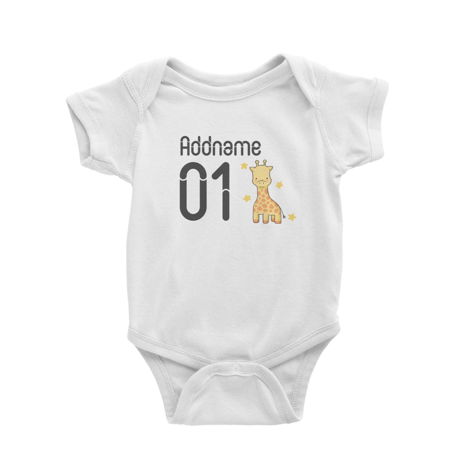 Name and Number Cute Hand Drawn Style Giraffe Baby Romper (FLASH DEAL)