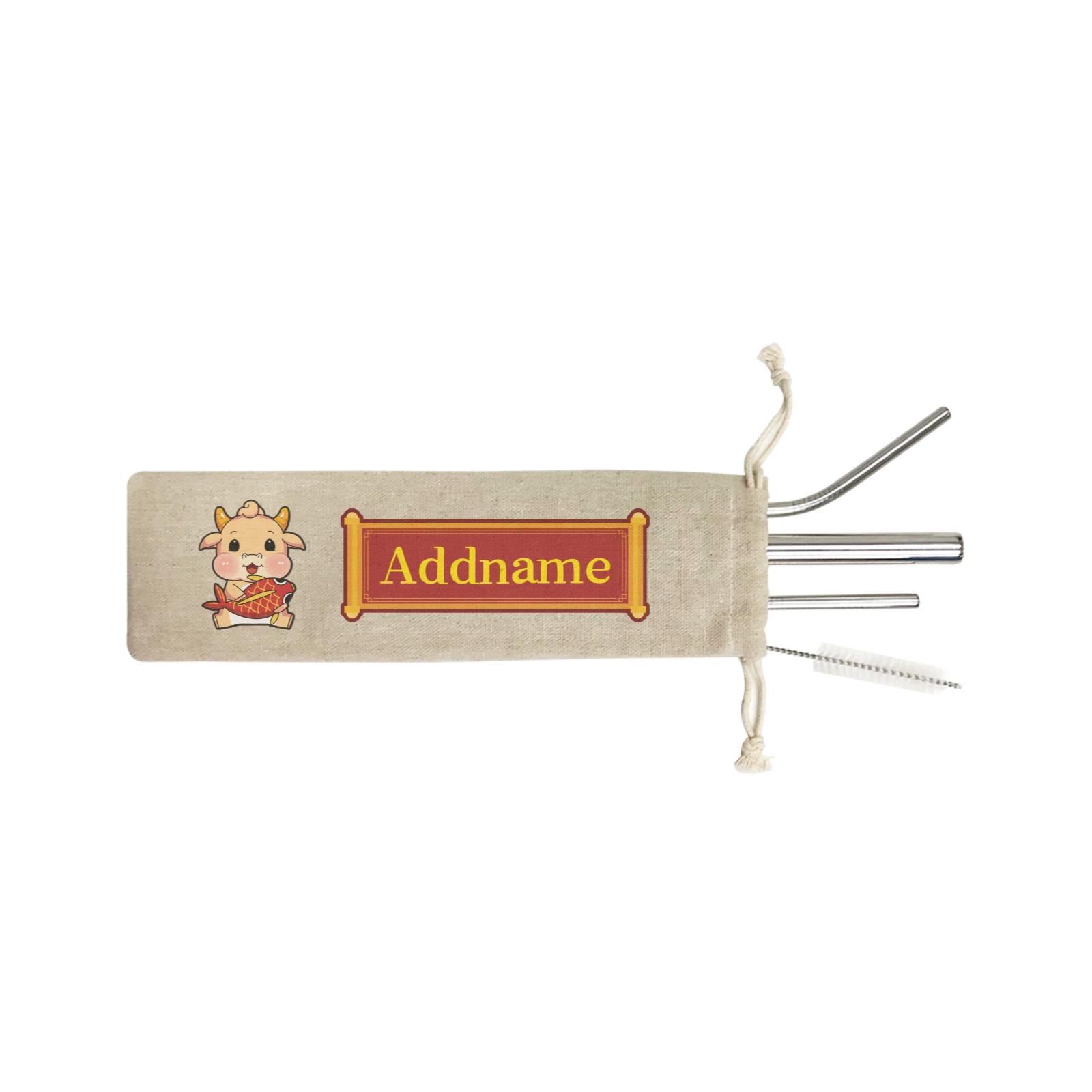 [CNY 2021] Golden Cow with Koi Fish 4SS 4-in-1 Stainless Steel Straw Set In a Satchel