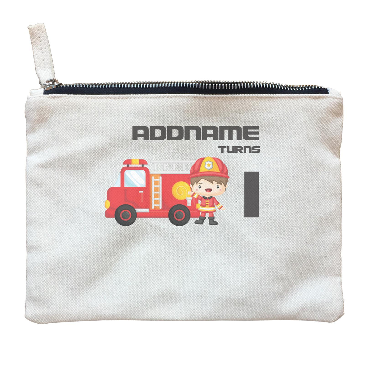 Birthday Firefighter Boy With Firetruck Addname Turns 1 Zipper Pouch