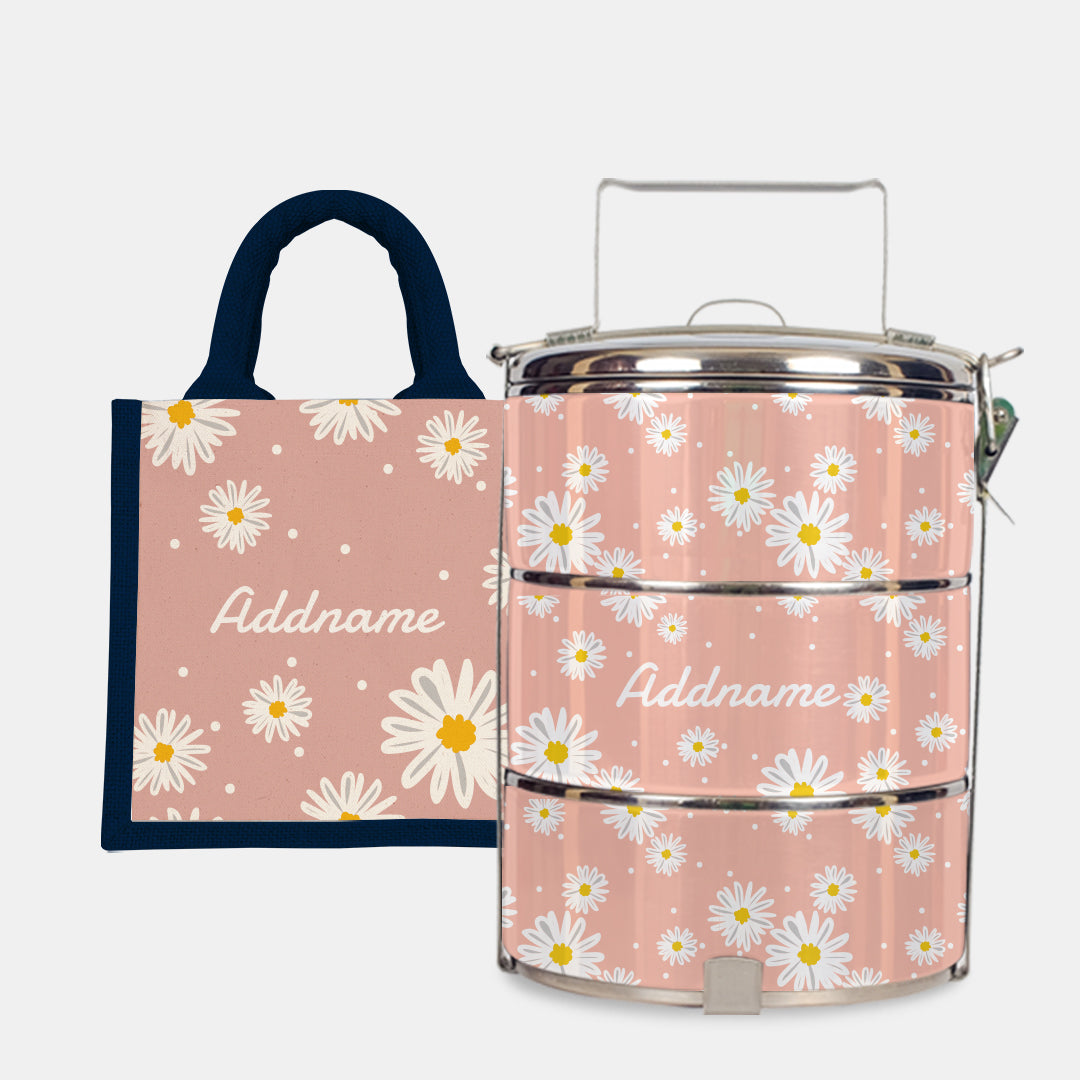 Daisy Series Half Lining Lunch Bag Wtih Standard Tiffin Carrier - Coral Navy