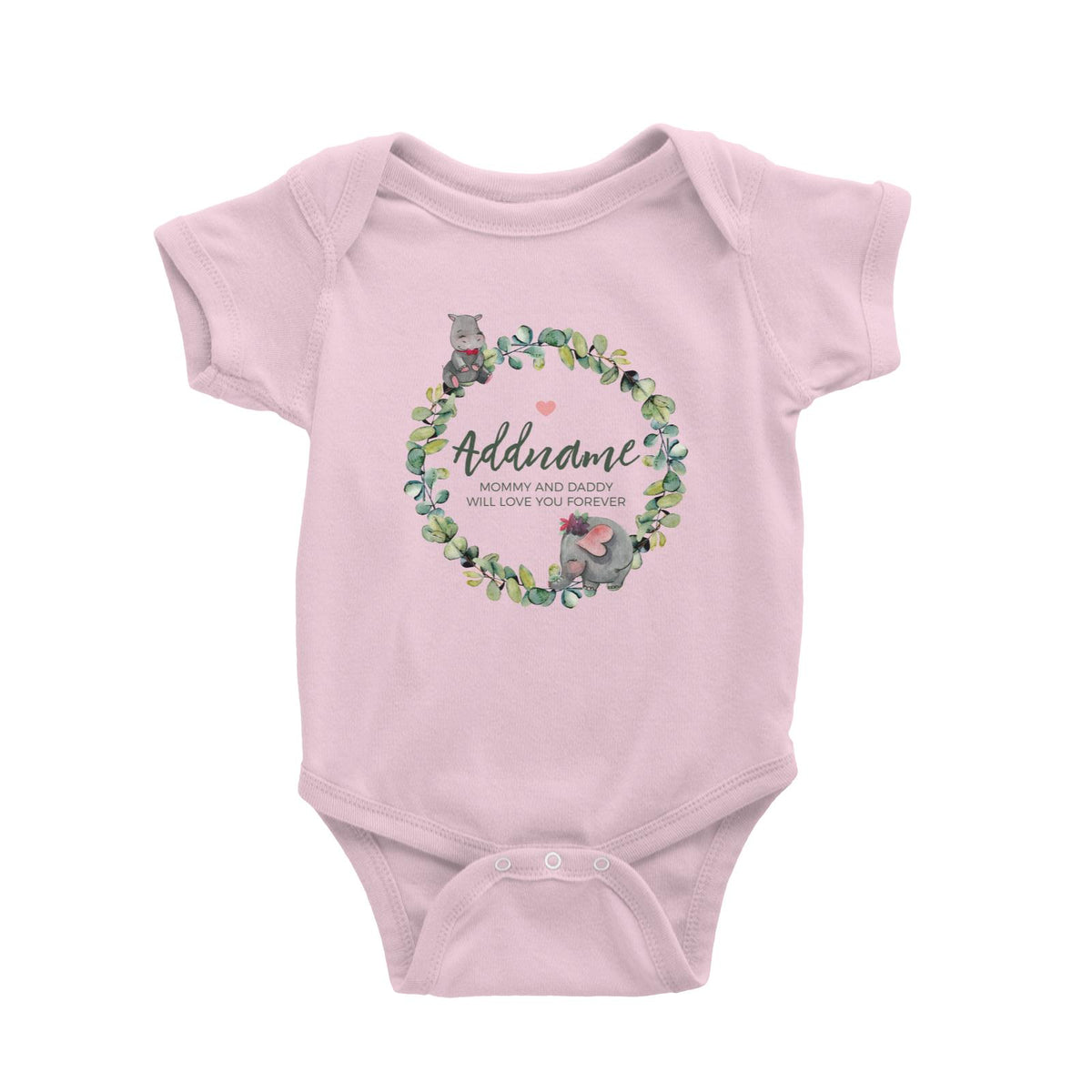 Watercolour Hippo and Elephant Leaf Wreath Personalizable with Name and Text Baby Romper