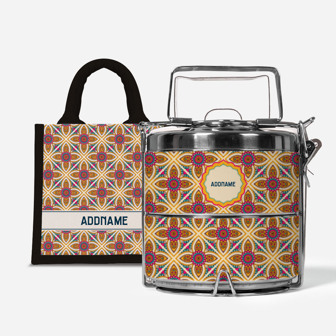 Pookal Series Premium Two Tier Tiffin with Half Lining Lunch Bag - Vibrant Tiles Black