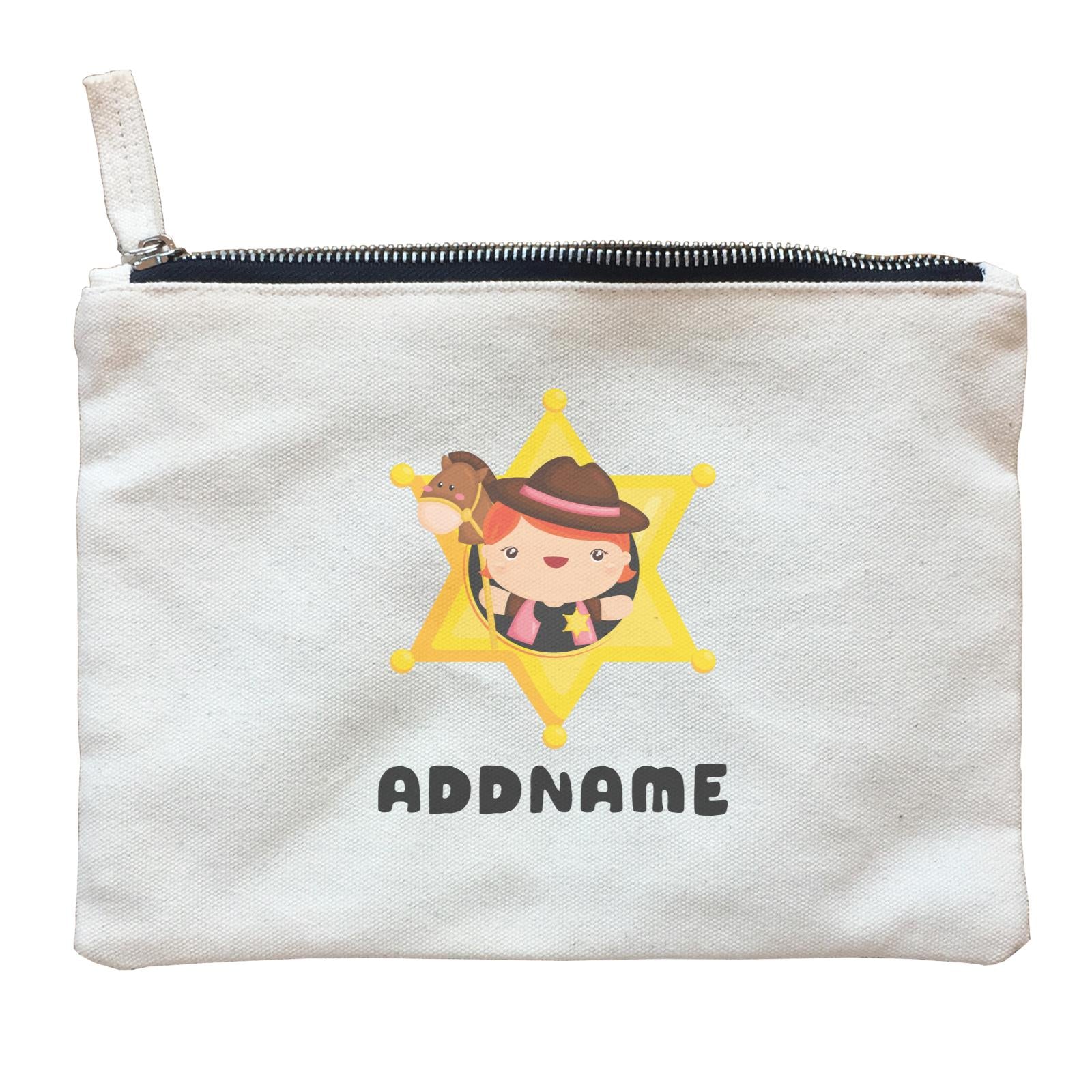 Birthday Cowboy Style Little Cowgirl Holding Toy Horse In Star Badge Addname Zipper Pouch