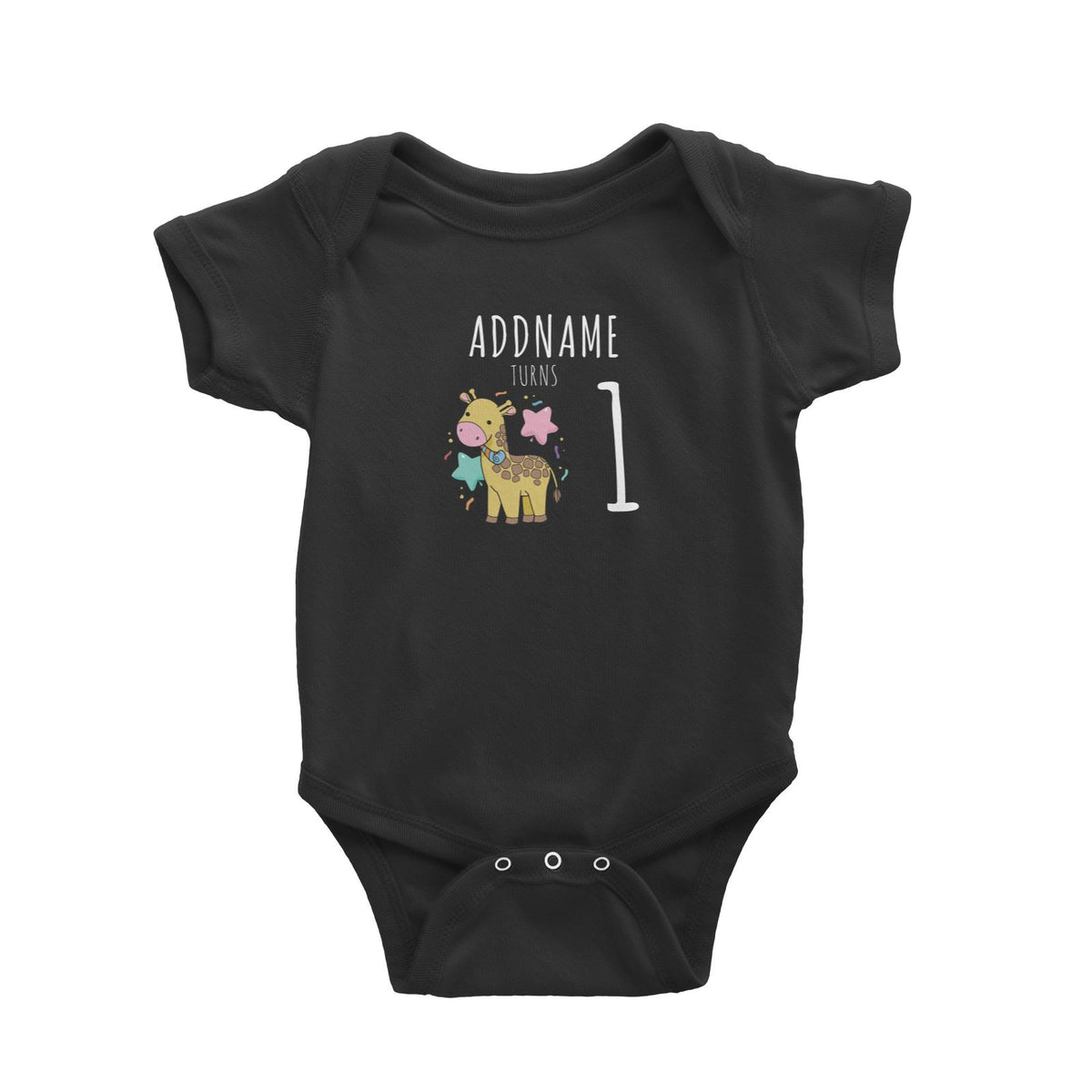 Birthday Sketch Animals Giraffe with Party Horn Addname Turns 1 Baby Romper