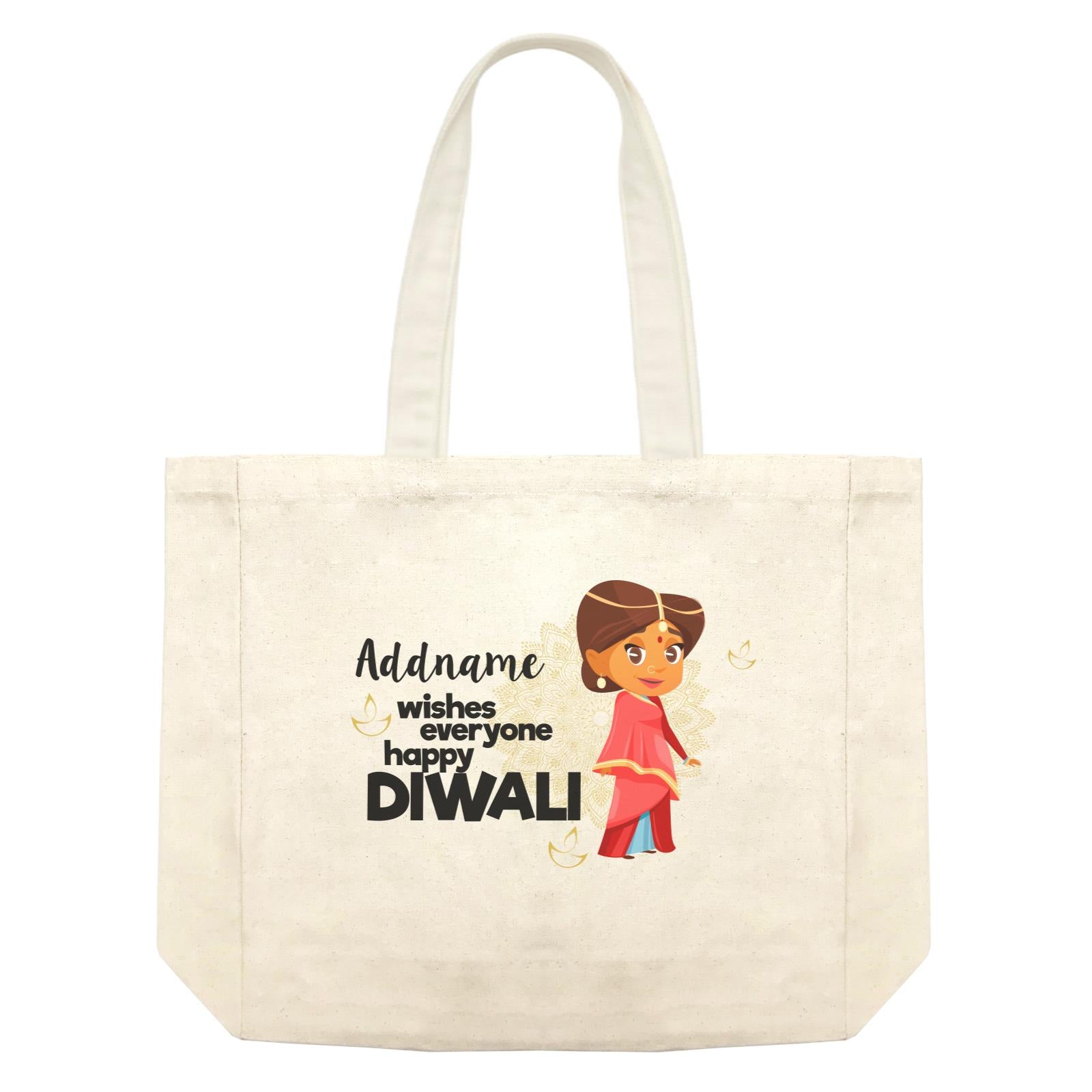 Cute Woman Wishes Everyone Happy Diwali Addname Shopping Bag