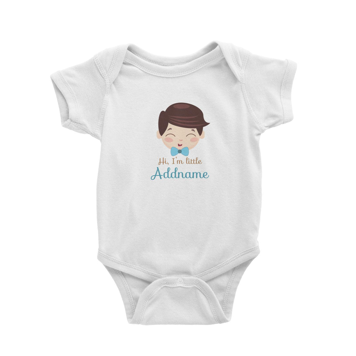 Cute Boy with Blue Bow Hi I Am Little Addname Baby Romper