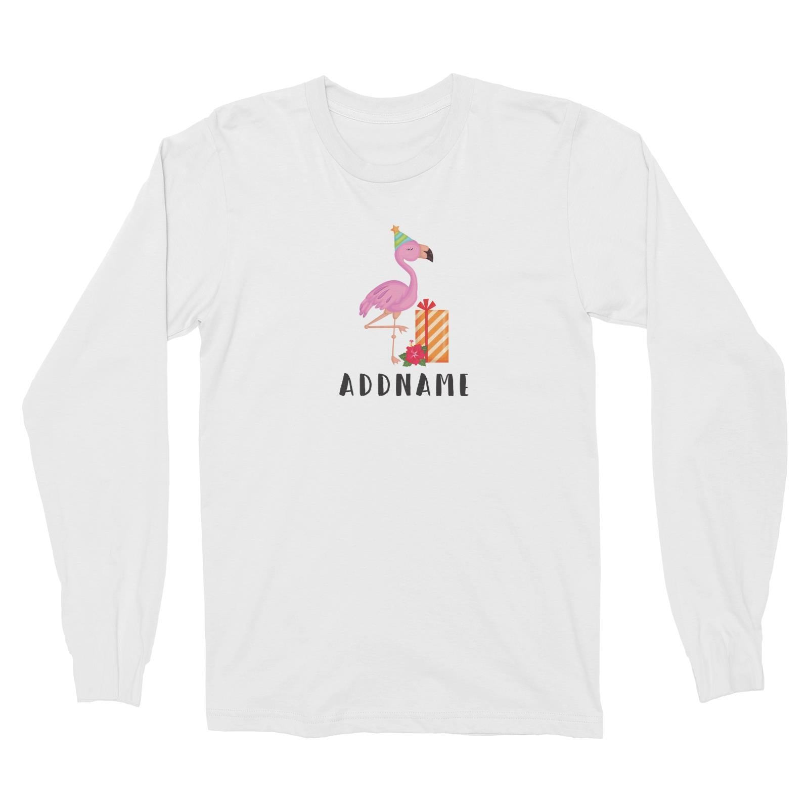 Birthday Hawaii Flamigo Wearing Party Hat With Present And Hibiscus Addname Long Sleeve Unisex T-Shirt