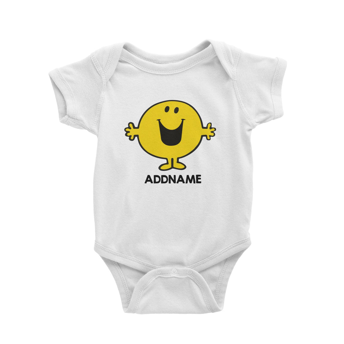 Mr Men Happy Yellow Personalised Cartoon White Baby Romper