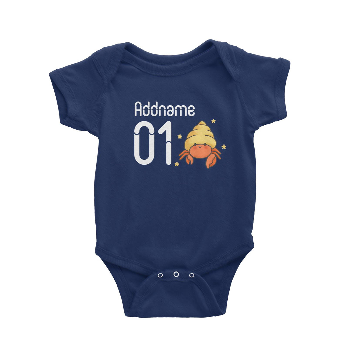 Name and Number Cute Hand Drawn Style Hermit Crab Baby Romper