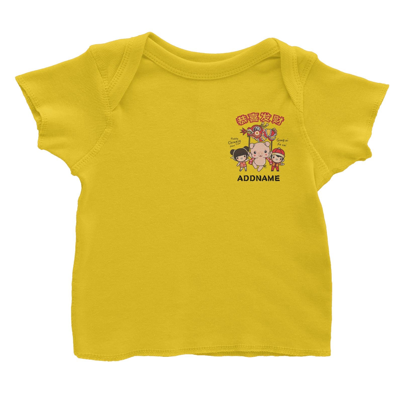 Prosperity Pig Boy, Girl and Baby Pig with Dragon Dance Pocket Design Baby T-Shirt