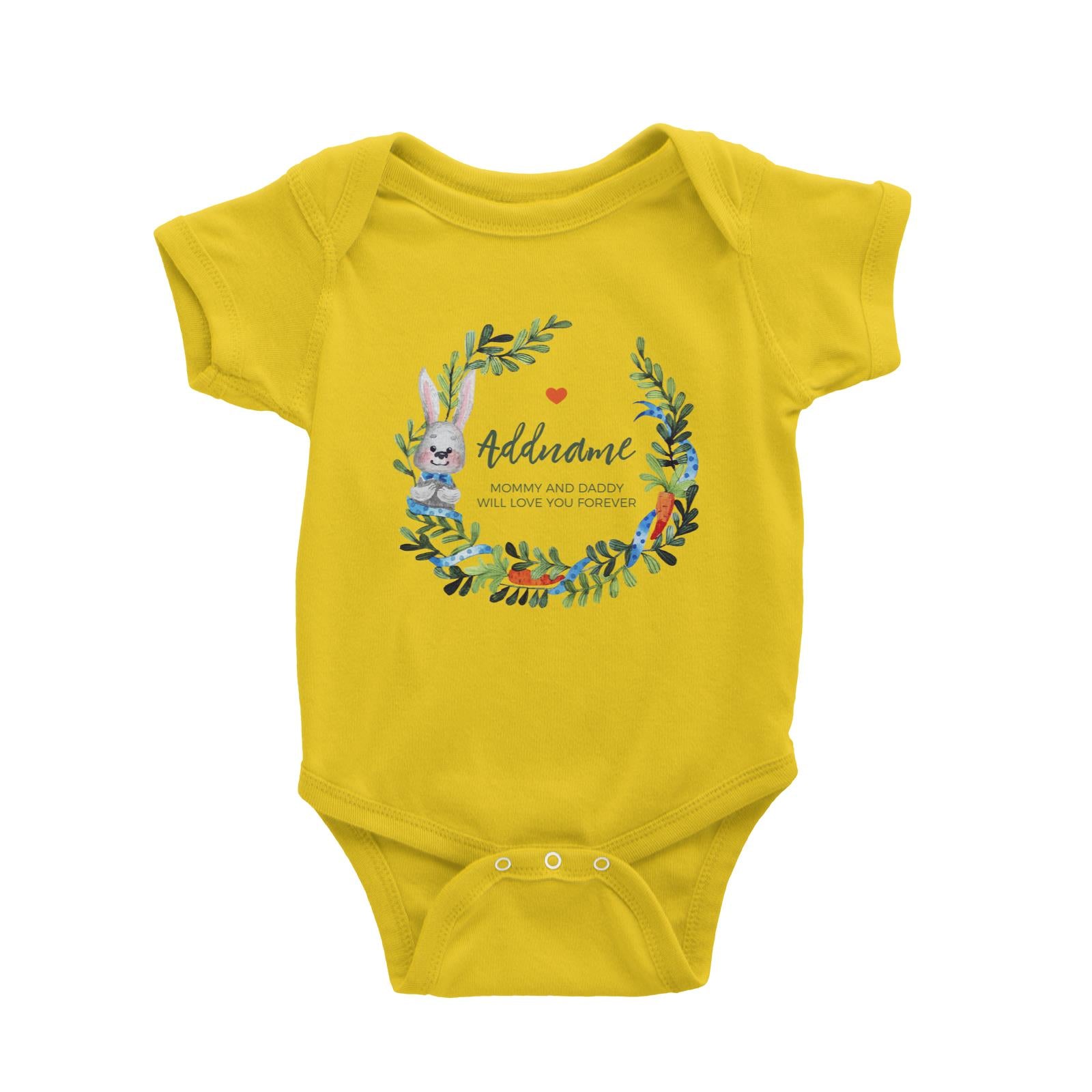 Watercolour Blue Rabbit and Carrots Wreath Personalizable with Name and Text Baby Romper