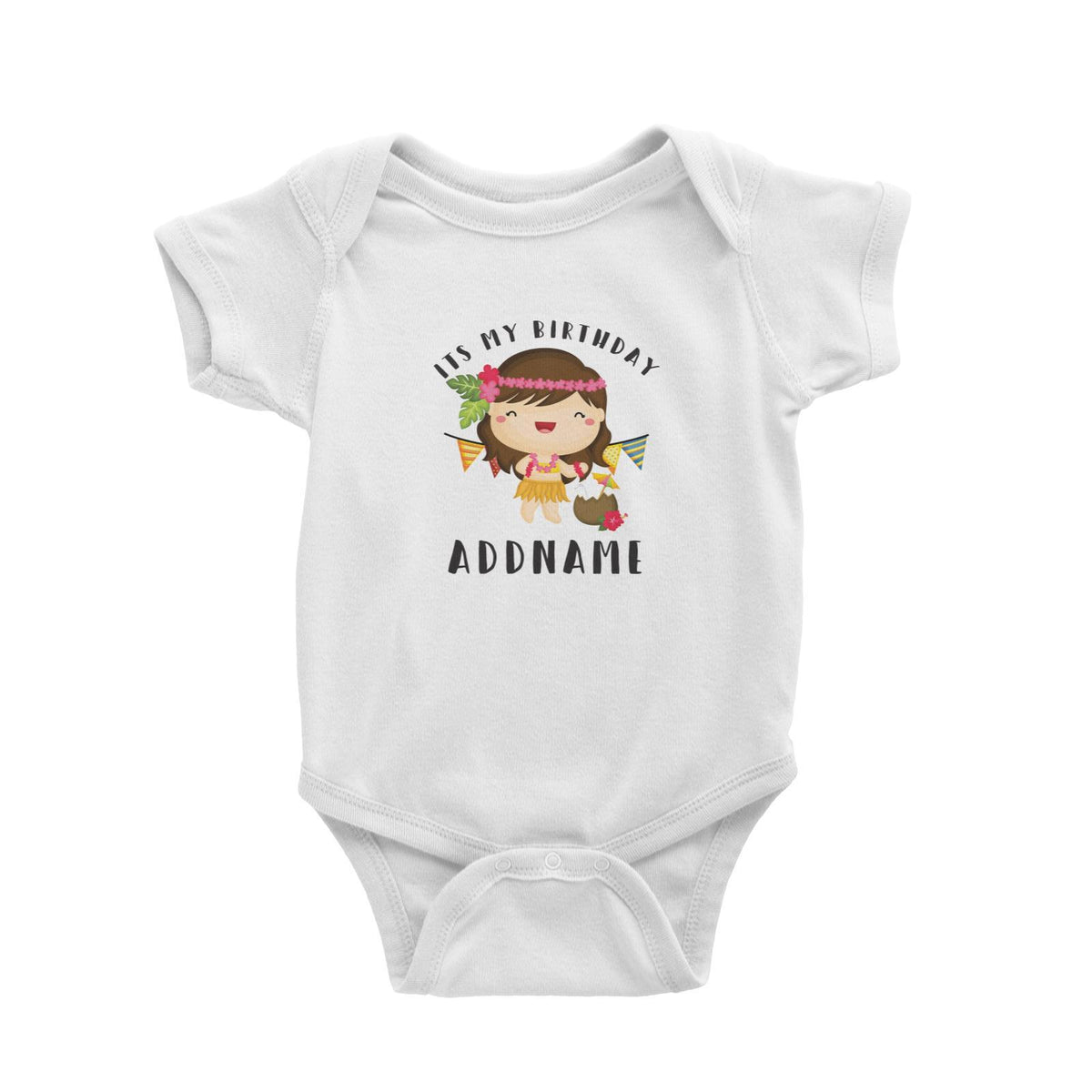 Birthday-Hawaii-Girl-Wearing-Hula-Grass-Dress-Its-My-Birthday-Addname Baby Romper
