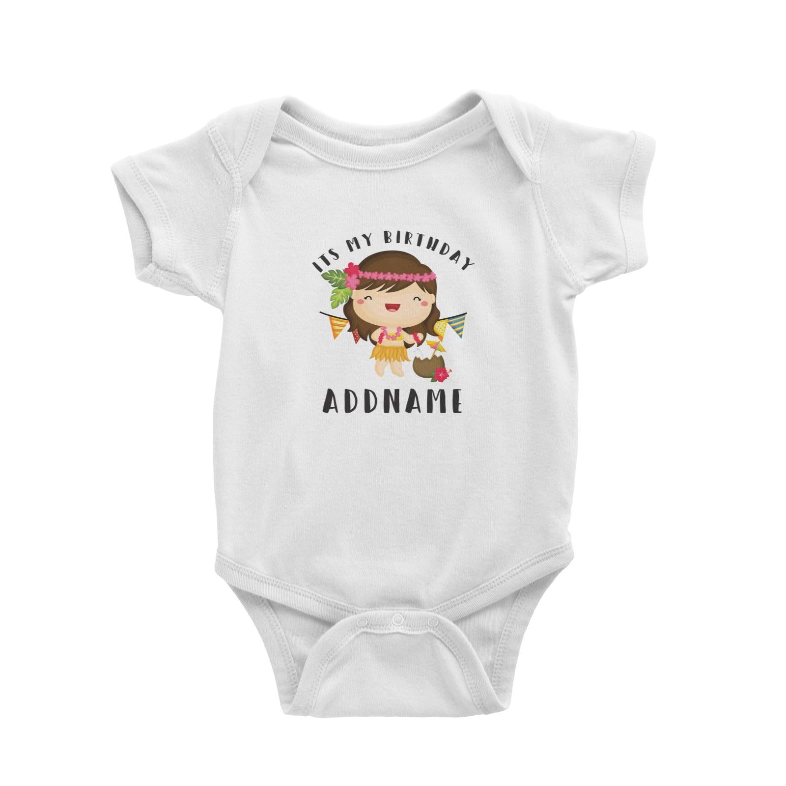 Birthday-Hawaii-Girl-Wearing-Hula-Grass-Dress-Its-My-Birthday-Addname Baby Romper