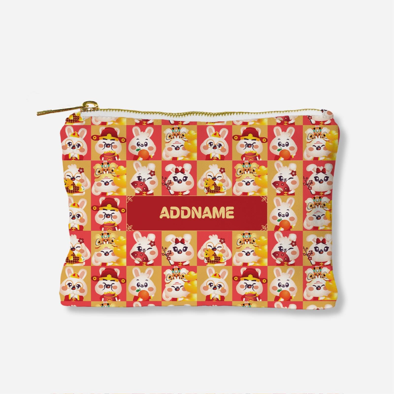Cny Rabbit Family - Rabbit Family Red Full Print Zipper Pouch With English Personalization