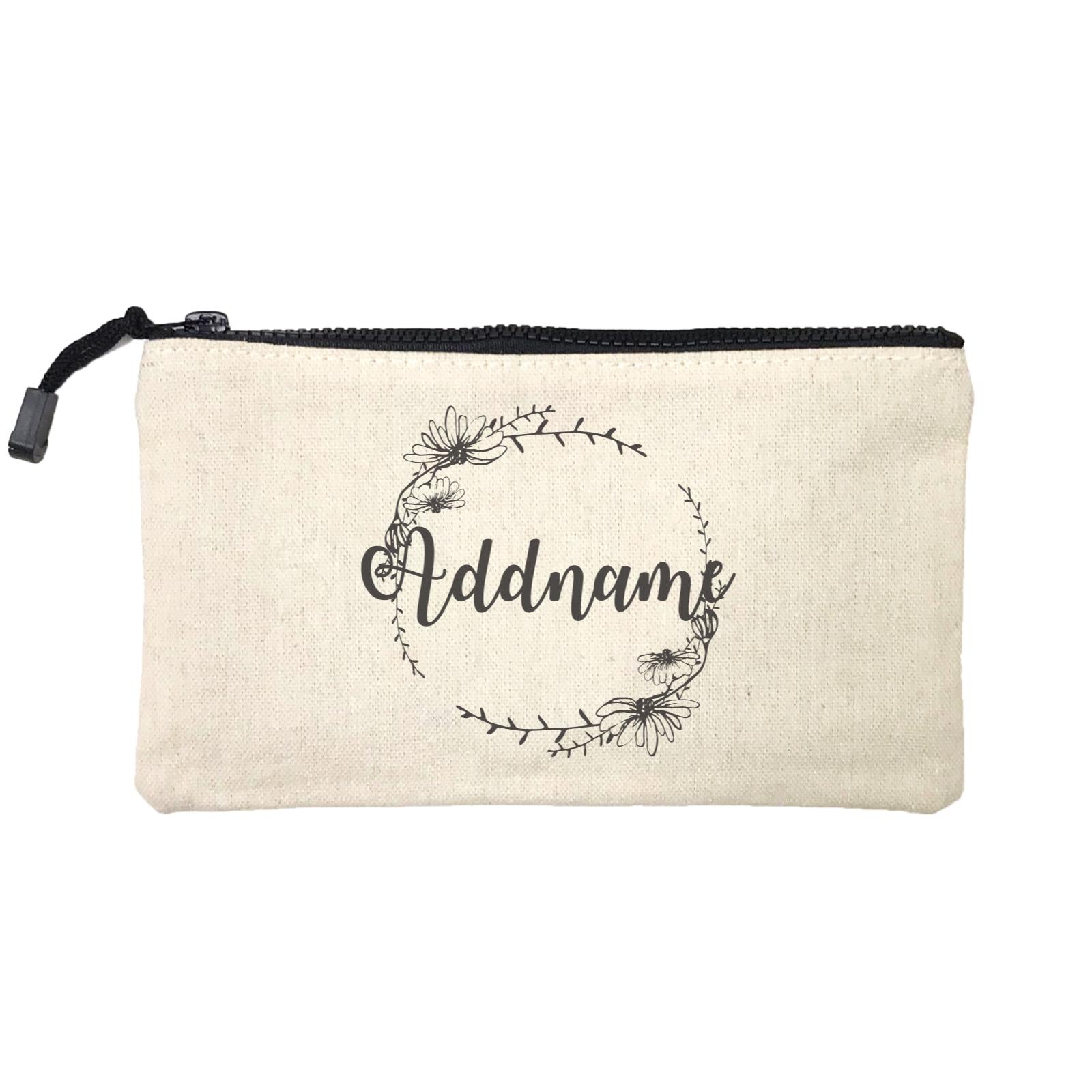 Bridesmaid Monochrome Floral and Leaves Wreath Addname Mini Accessories Stationery Pouch