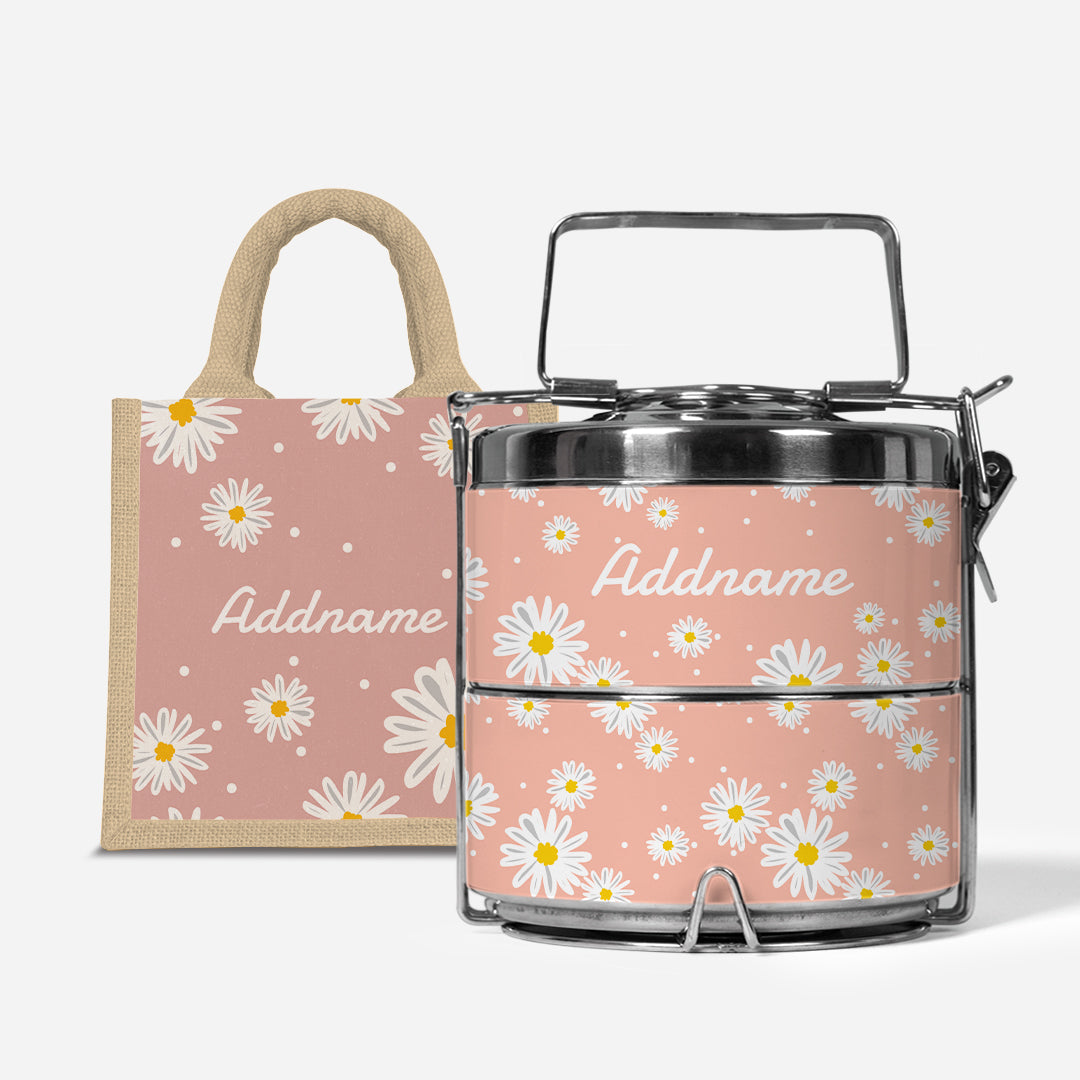 Daisy Series Half Lining Lunch Bag Wtih Premium Two Tier Tiffin Carrier - Coral
