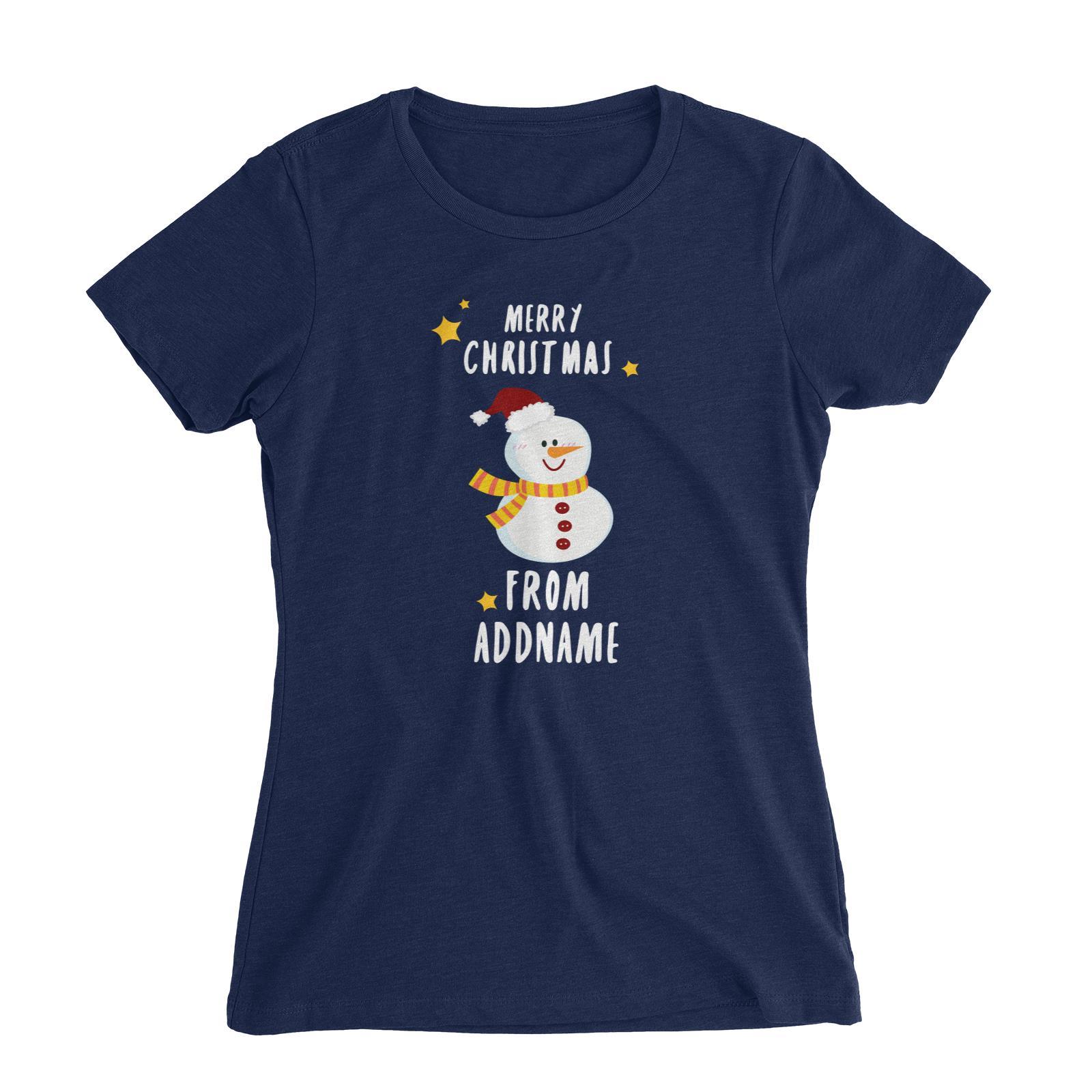Cute Snowman Merry Christmas Greeting Addname Women's Slim Fit T-Shirt  Personalizable Designs Matching Family