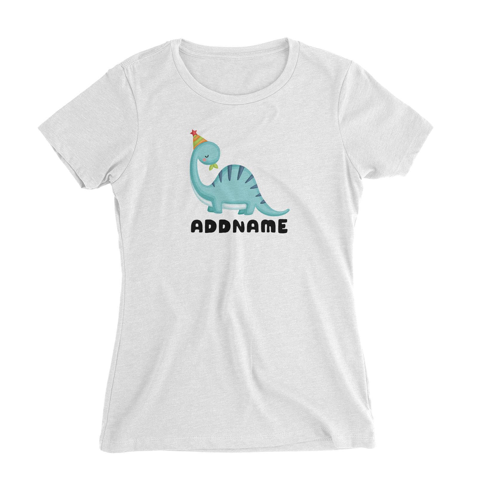 Birthday Dinosaur Happy Blue Long Neck With Party Hat Addname Women's Slim Fit T-Shirt