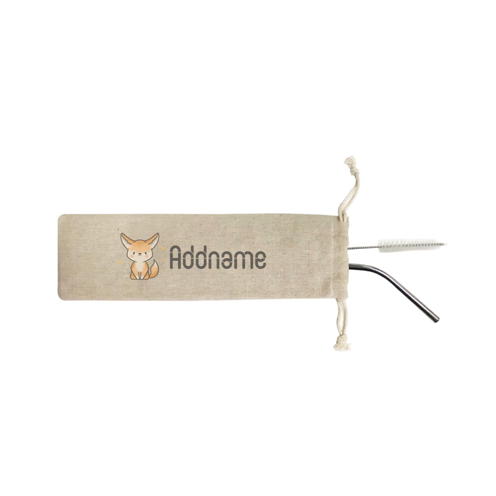 Cute Hand Drawn Style Fennec Fox Addname ST SZP 2-in-1 Stainless Steel Straw Set In a Satchel