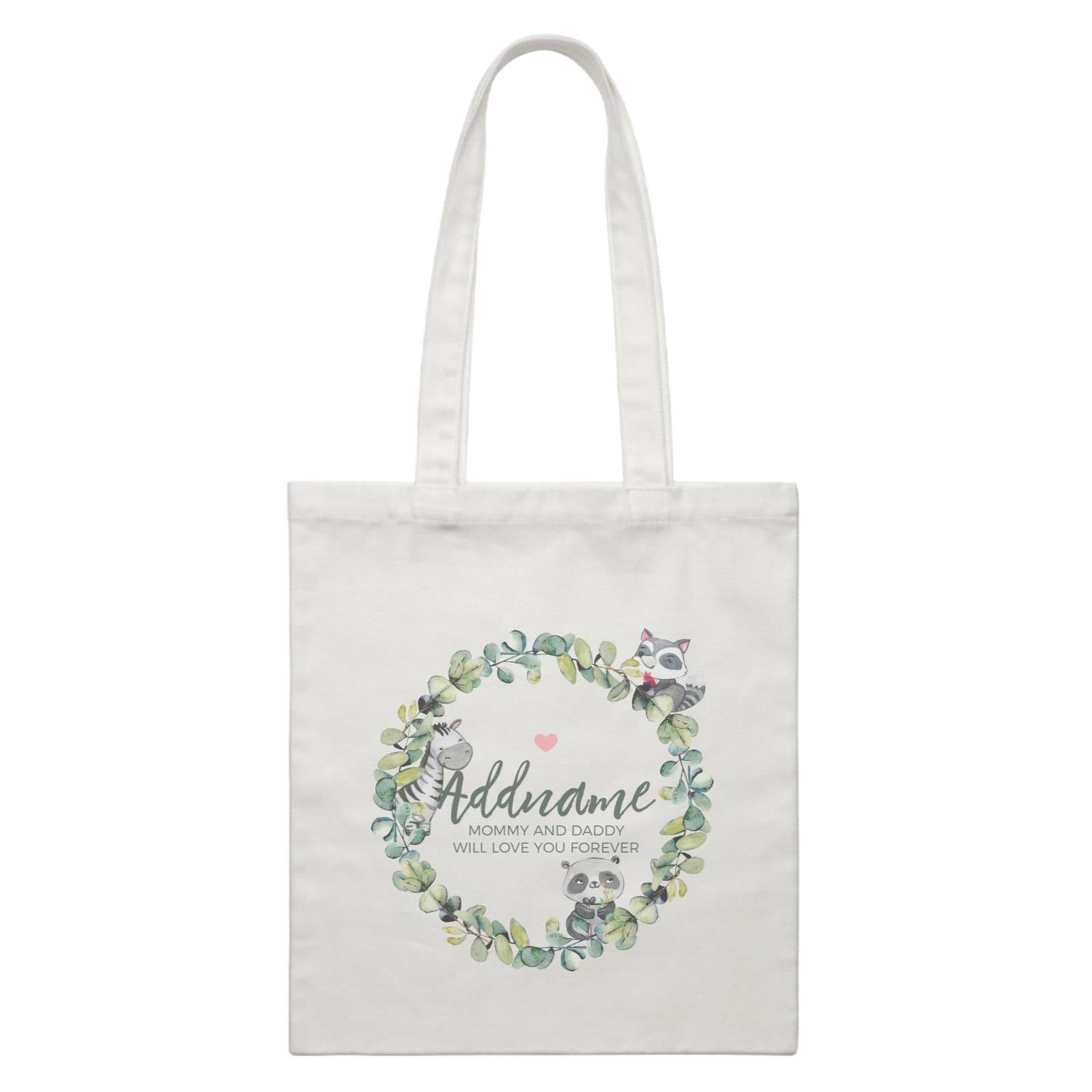Watercolour Panda Zebra and Racoon Leaf Wreath Personalizable with Name and Text White Canvas Bag