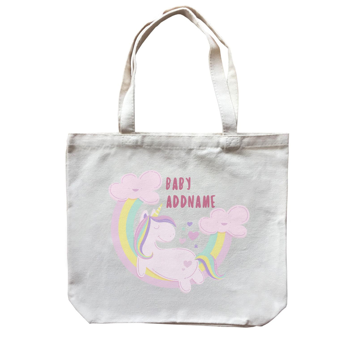 Pink Unicorn On Rainbow with Baby Addname Canvas Bag