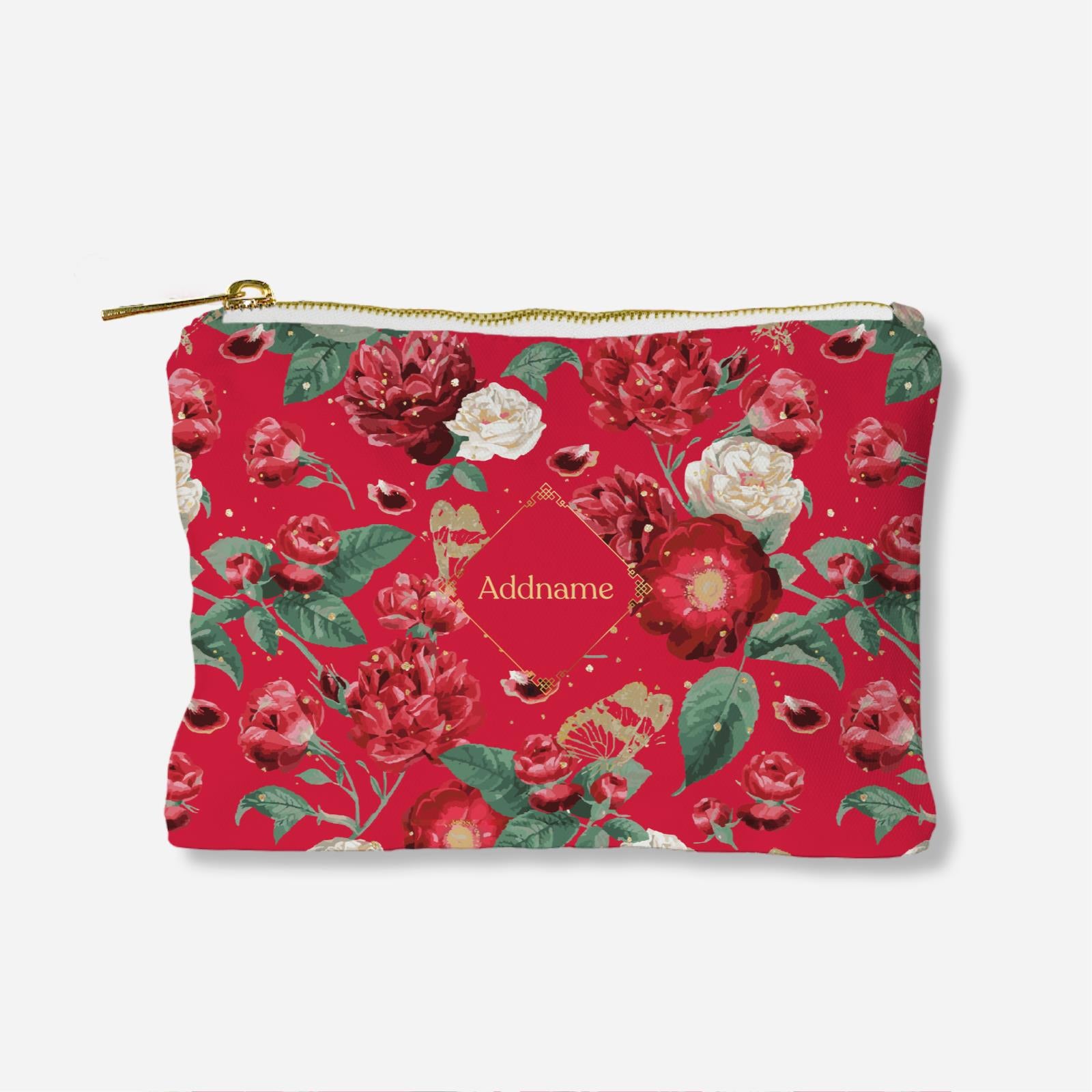 Royal Floral - Red Full Print Zipper Pouch With English Personalization