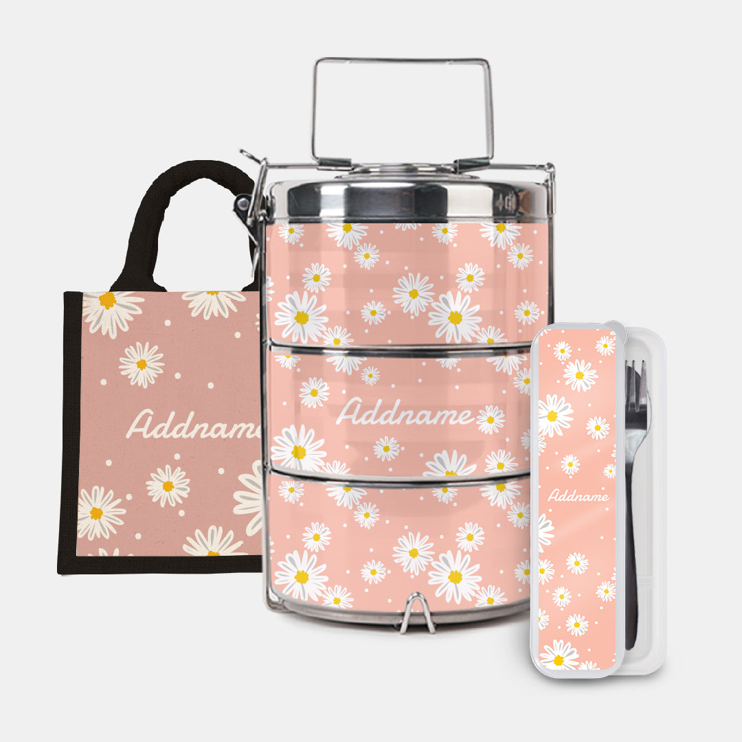Daisy Series Half Lining Lunch Bag, Premium Tiffin Carrier And Cutlery Set - Coral Black